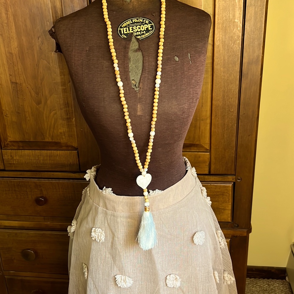 Boho Wood and stone heat necklace. 24”